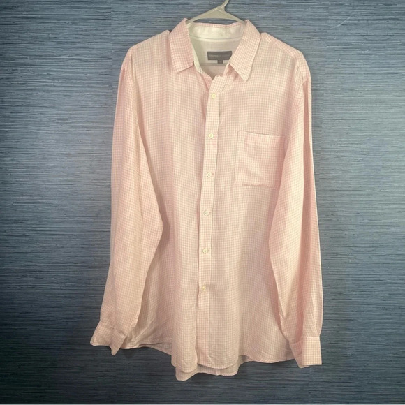 Tricots St Raphael Men’s Shirt Pink Peach Checkered Size Large 100% Linen - Picture 1 of 5